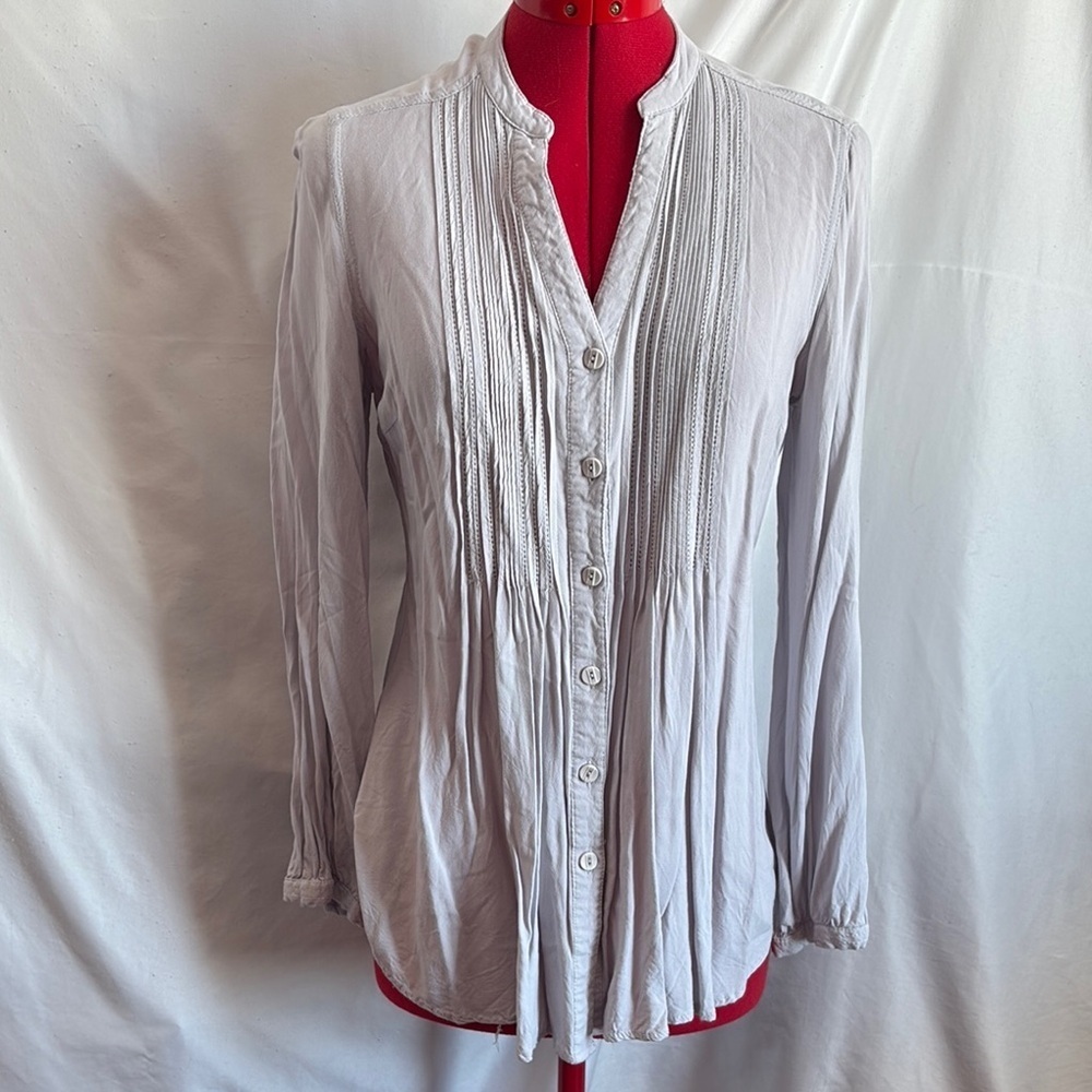 Spense Gray Button Down Shirt with Pleated Mandarin Collar